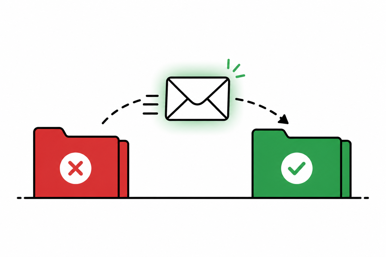 Illustration of an email moving from spam to the primary inbox